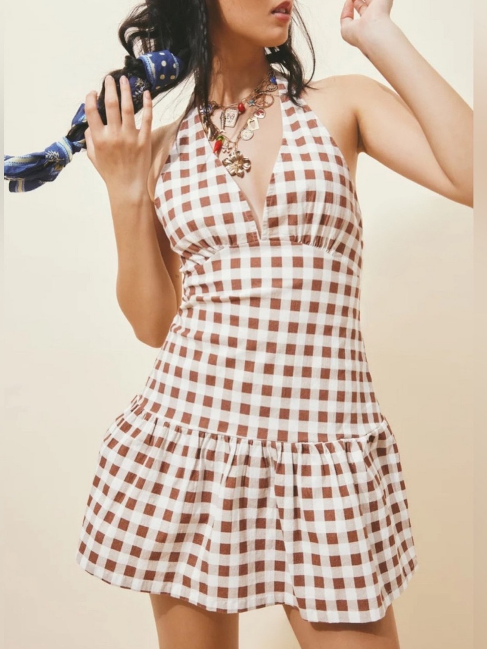 Free People Cecil Women's Brown Gingham Halter Dress